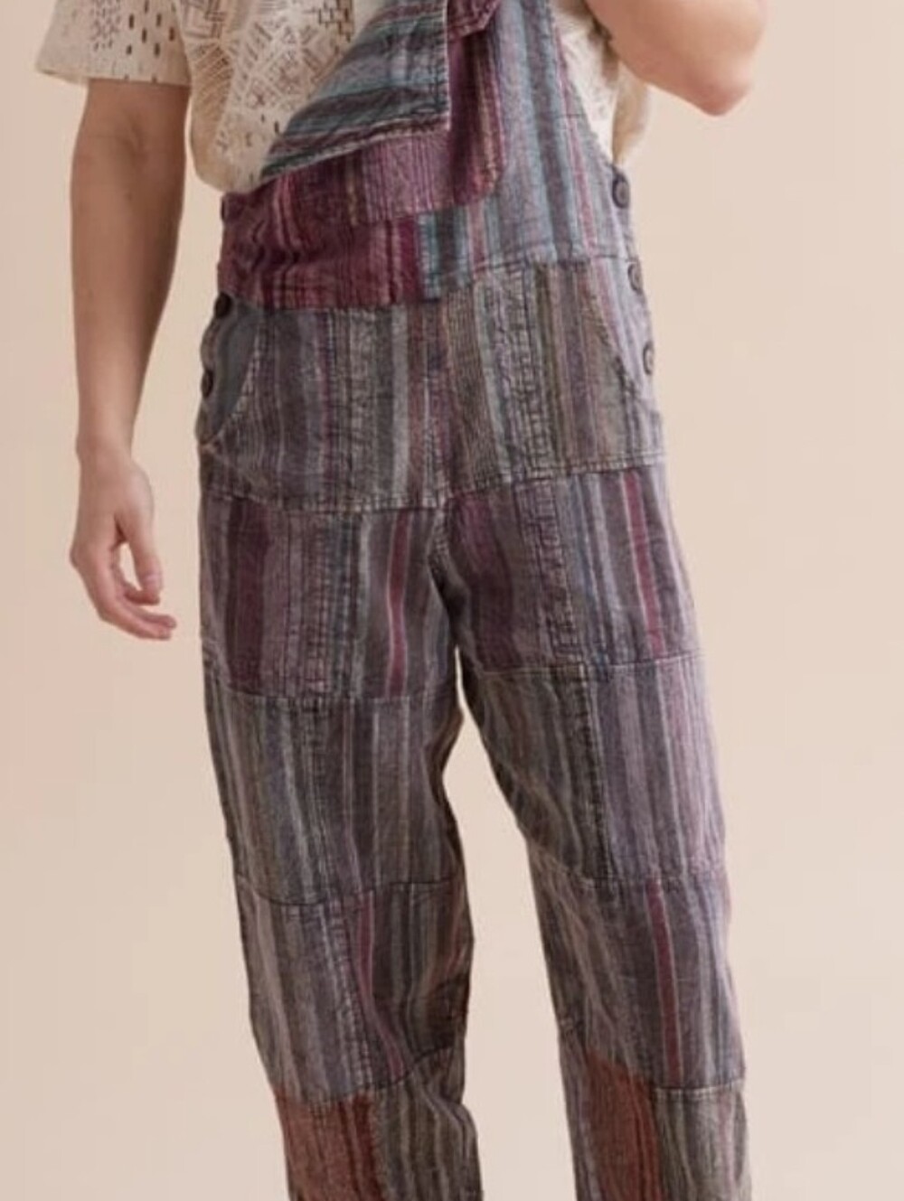 Earthbound Hippie Striped Patchwork Overalls in Multicolor Distresses Vintage